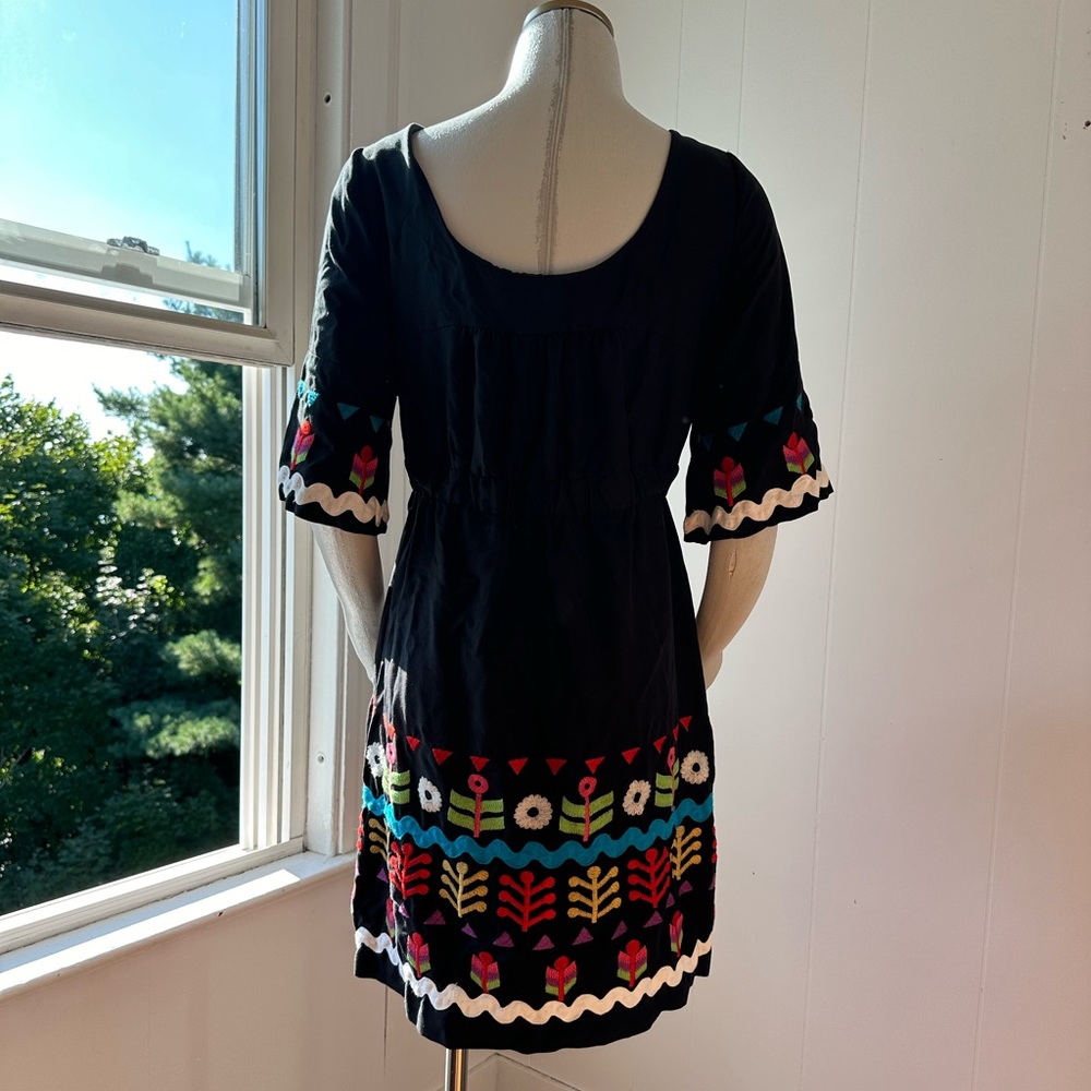 PHOEBE COUTURE Silk Floral Embroidered Dress, Bell Sleeve, Full Skirt - Picture 14 of 16